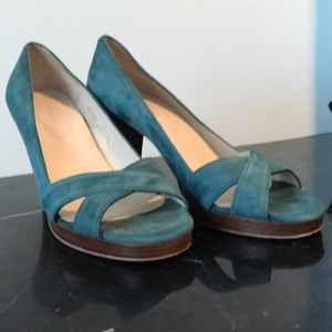 Teal suede leather peep toe sandals